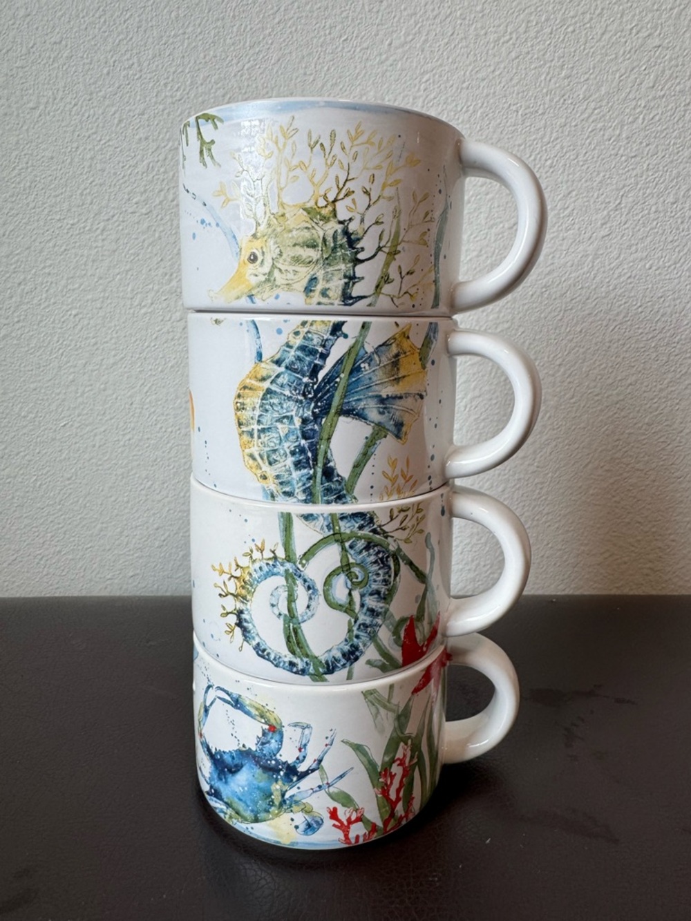 Pier 1 Sea Life Mug Set - Octopus, Seahorse, Fish, Crab - Coastal Natutical Cups